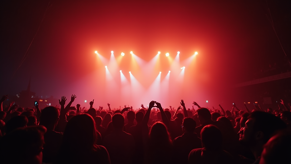 Eye-level view of a concert stage with vibrant lighting and a crowd in front