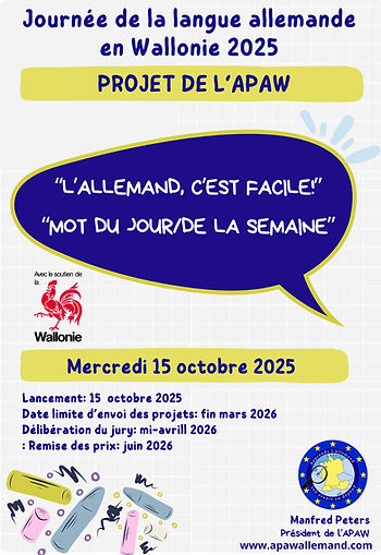 Affiche du concours -APAW 2025 un phylactère à fond bleu, et le coq wallon