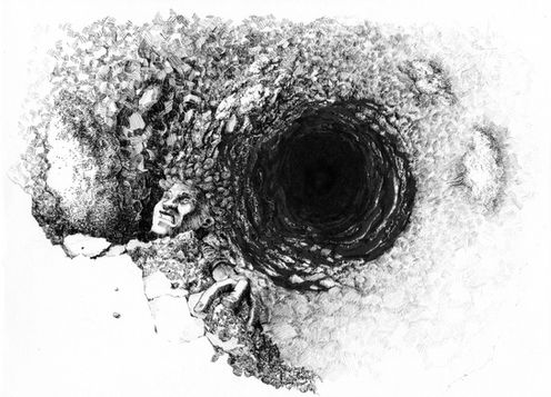 Dibujo a tinta china negra sobre el miedo a caer y el constante esfuerzo por permanecer