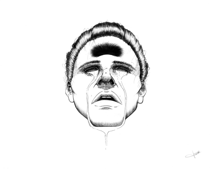 Dibujo a tinta china negra sobre papel, acerca del horror del olvido como antesala de una muerte definitiva o de una muerte en vida.