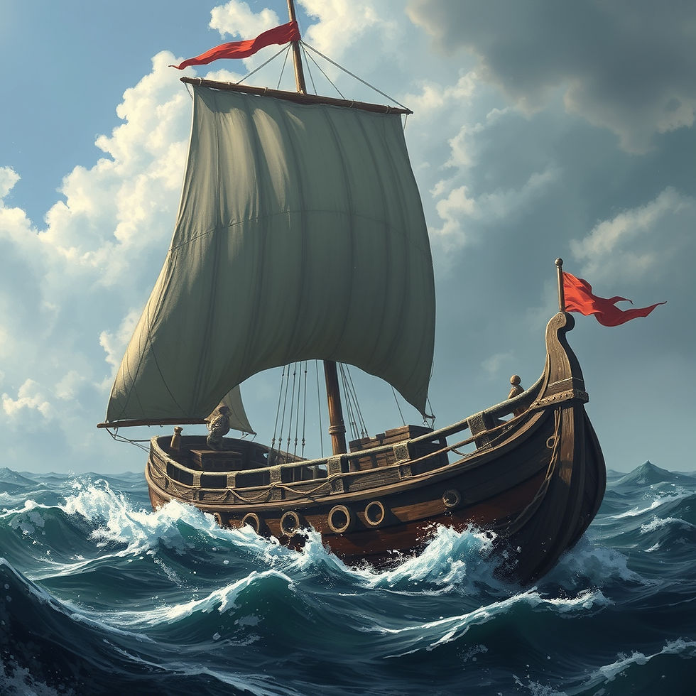 A karve ship navigating rough seas. 