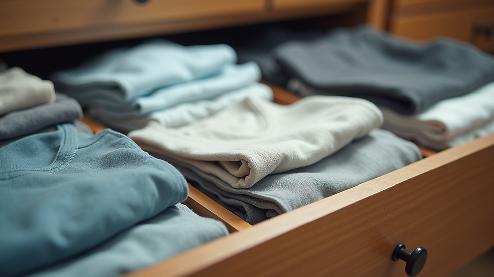 Close-up view of organized drawer with neatly folded clothes and dividers