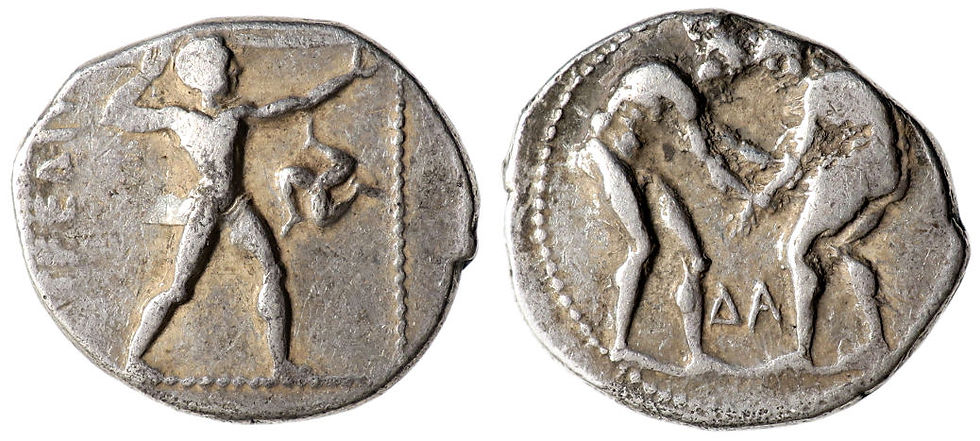 Olympic games-type scene: two wrestlers grappling, the letters delta and alpha between their legs; Reverse: EΣTEΔIIYΣ , Olympic games-type scene: Slinger, wearing short chiton, discharging sling to right, triskeles on right with feet clockwise. Image via Wikimedia Commons.