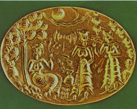 Gold ring from Mycenae, ca. 15th century BCE. Athens, National Archaeological Museum).   