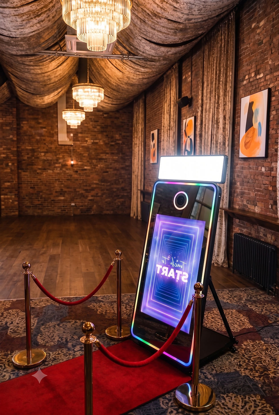 Magic Mirror photobooth hire with red carpet and stanchions
