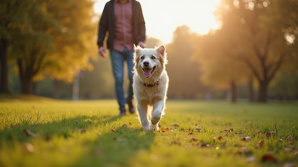 Eye-level view of a happy dog walking with its owner in a park