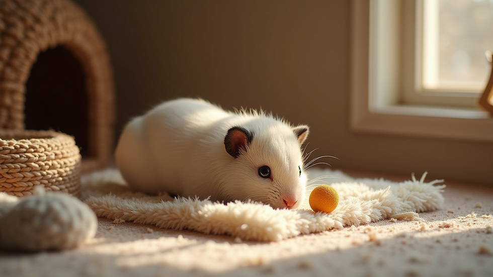 Close-up view of a cozy small animal habitat with bedding and toys