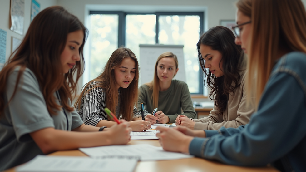 Eye-level view of a diverse group of students engaged in a collaborative learning activity