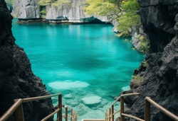Tranquil Lagoon Oasis with Volcanic Stairway