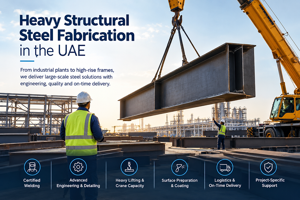 Heavy structural steel fabrication UAE with crane lifting large steel beam