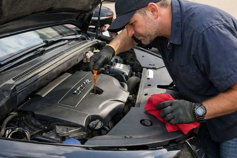 Mechanic holding car oil filter during engine oil service in auto garage