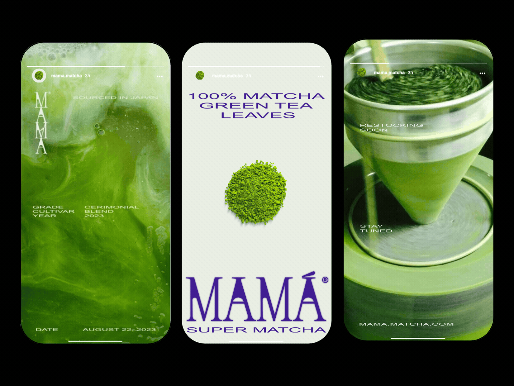 An image showcasing MAMÁ, the rebranding of a family-owned matcha business. The design merges elements of Japanese culture with bold, modern aesthetics. Vibrant green tones echo the energy of matcha, while clean lines and thoughtful typography reflect a balance of tradition and contemporary style. The packaging and branding materials convey a fresh, dynamic identity that honors the heritage of the brand.