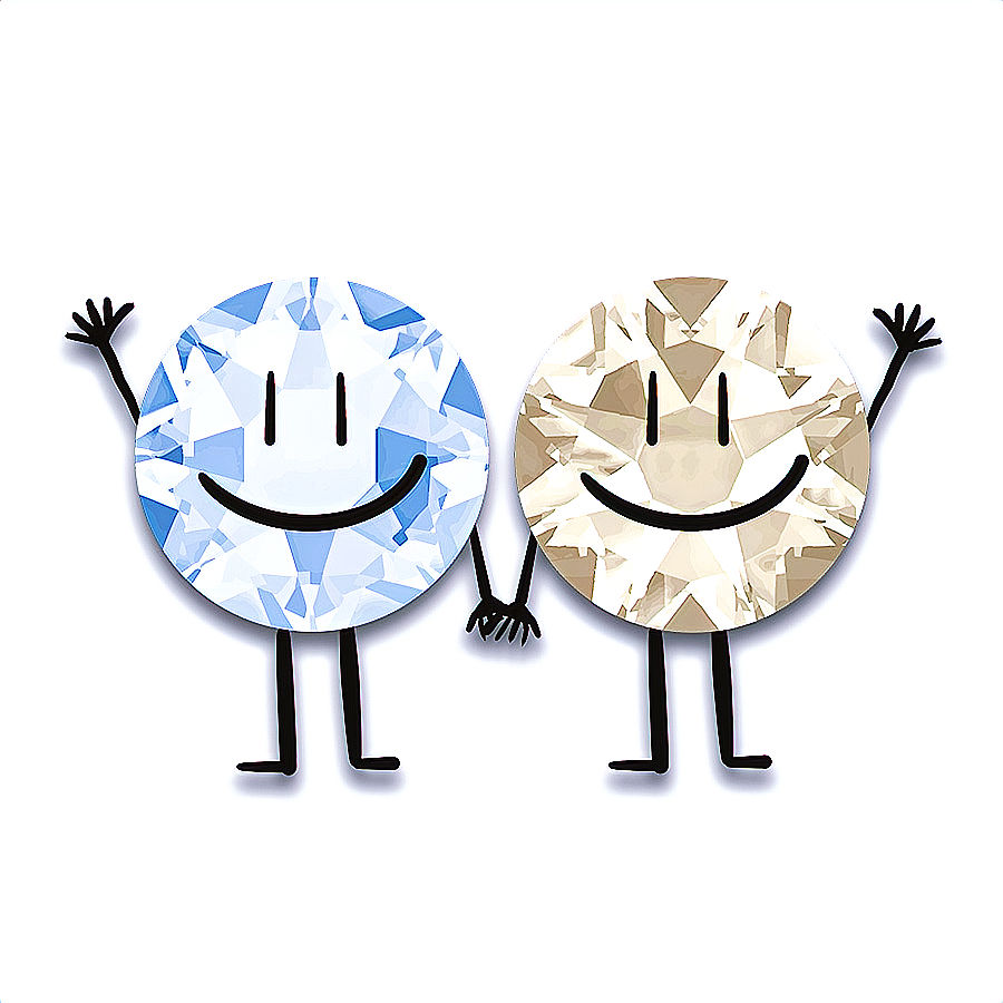 2 illustrative gems with happy faces and stick arms and legs holding hands like friends