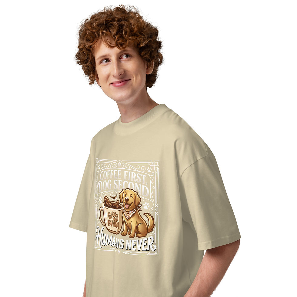 Thumbnail: Coffee first dog second human's never-Unisex organic oversized high neck t-shirt