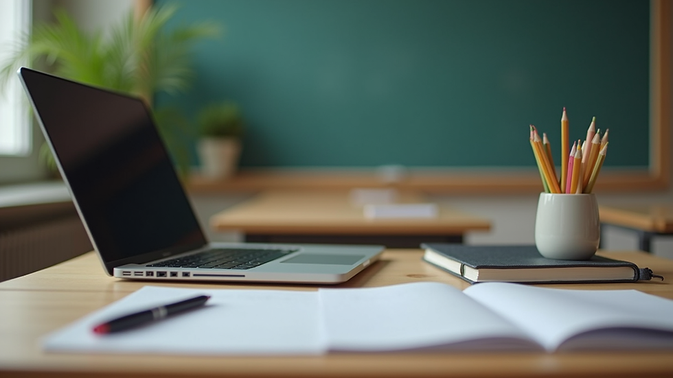 Eye-level view of a virtual classroom setup with a laptop and study materials