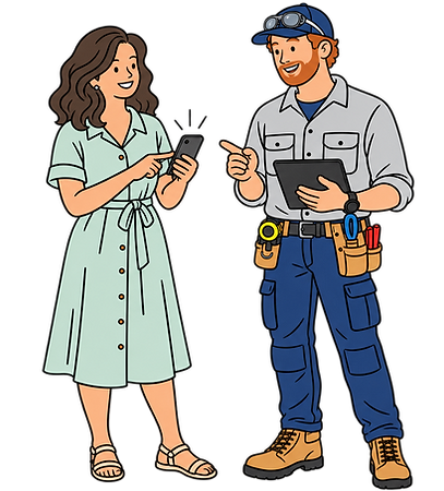 A homeowner confidently instructs a tradesperson what they need from their home upgrade