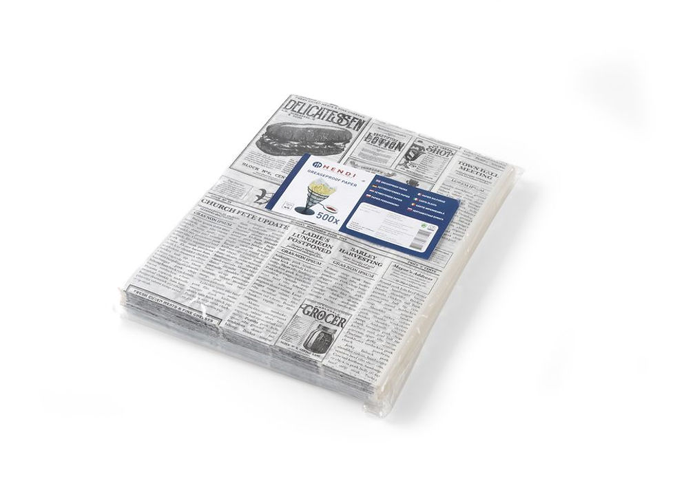 Einschlagpapier, fettdicht, HENDI, Zeitungsdruck, 500 Stk., 200x250mm