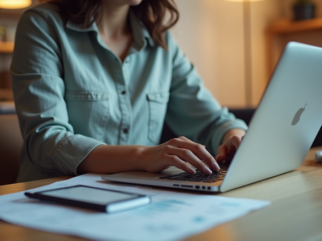 woman typing on laptop