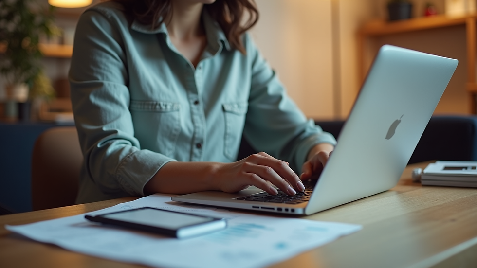 Eye-level view of a small business owner scheduling social media posts on a laptop