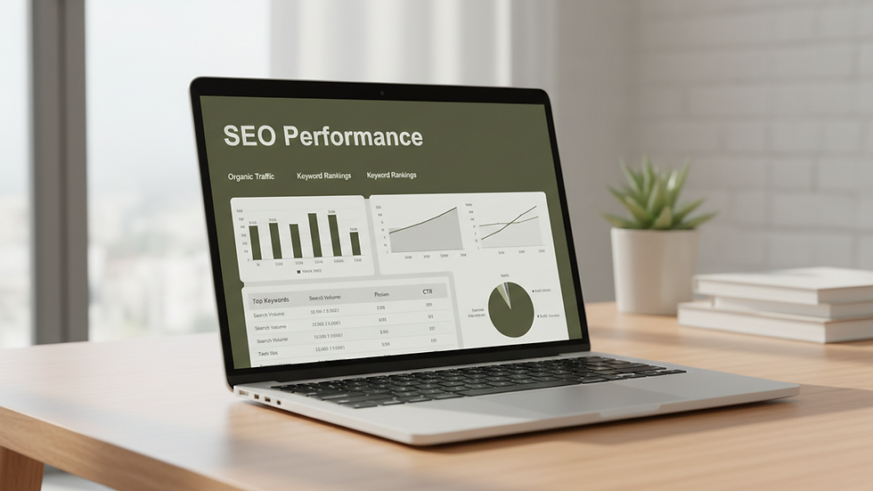 Eye-level view of a laptop screen showing SEO analytics dashboard