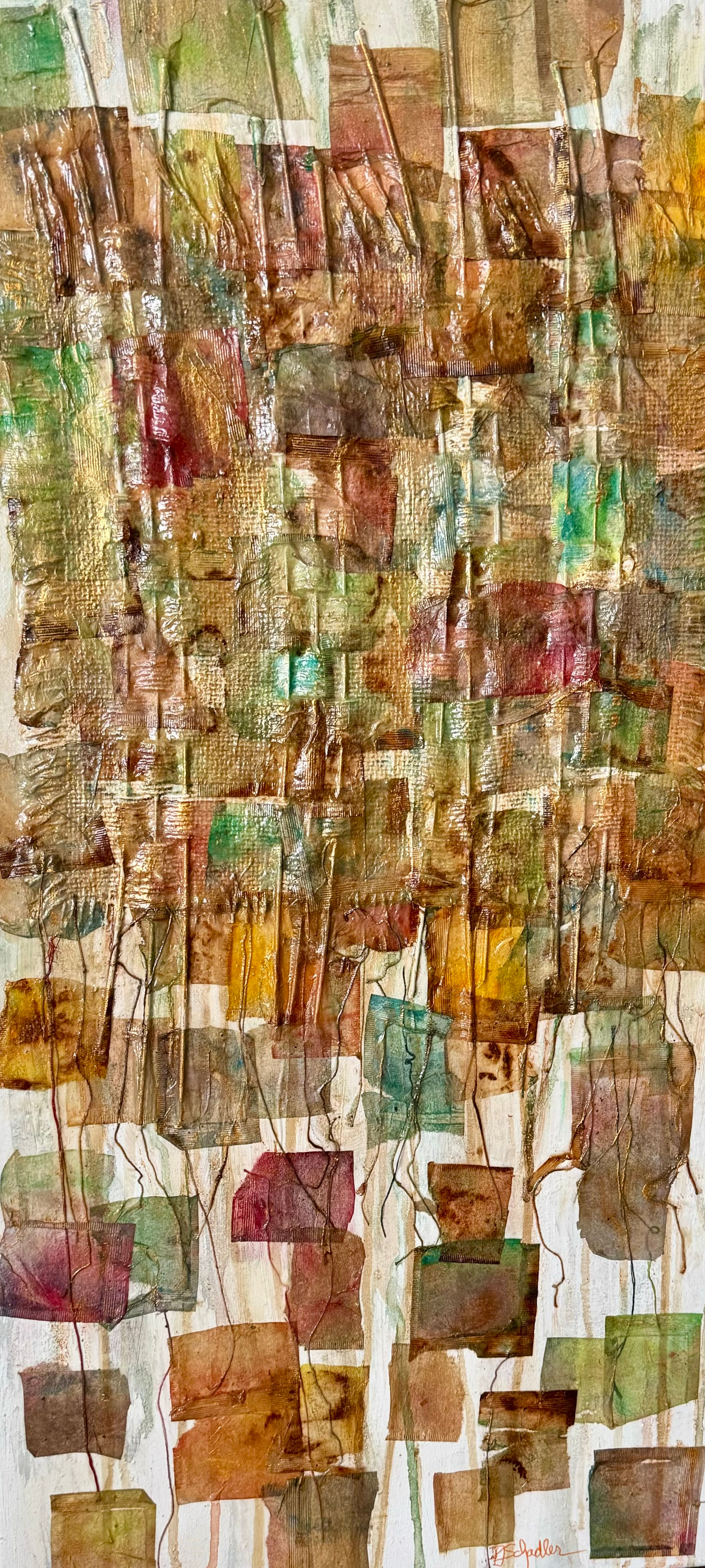 REMNANTS OF ROYAL TEA by  PJ Schadler, a captivating 30 x 15 mixed media canvas that reimagines tea time with a twist. Reclai