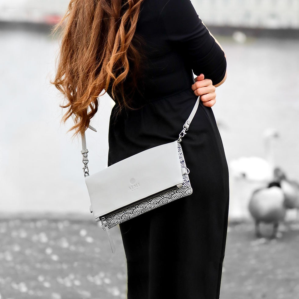 Miniature : AIMI- MIU Pochette sac bandoulière Cuir Gris -Tissu Japonais