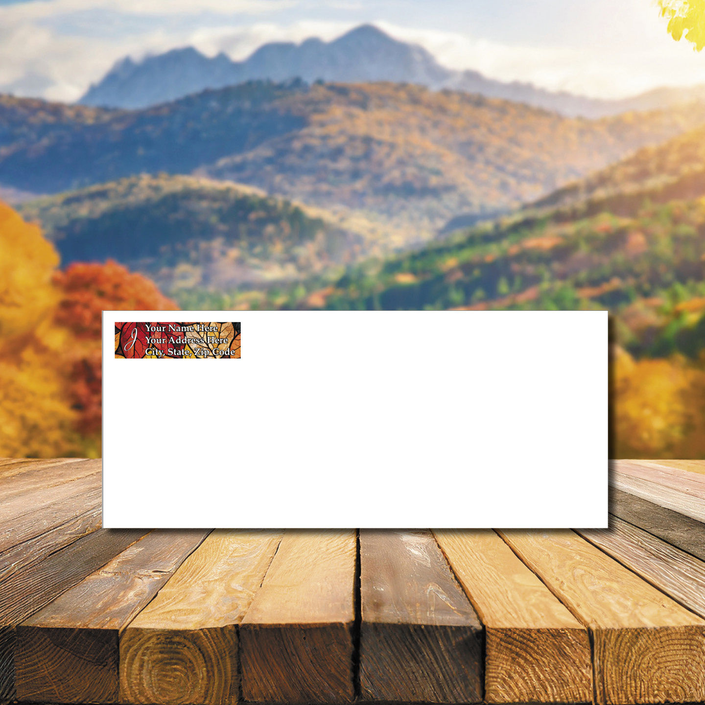 Envelope with your return address printed (Stained Glass Leaves with Initial)