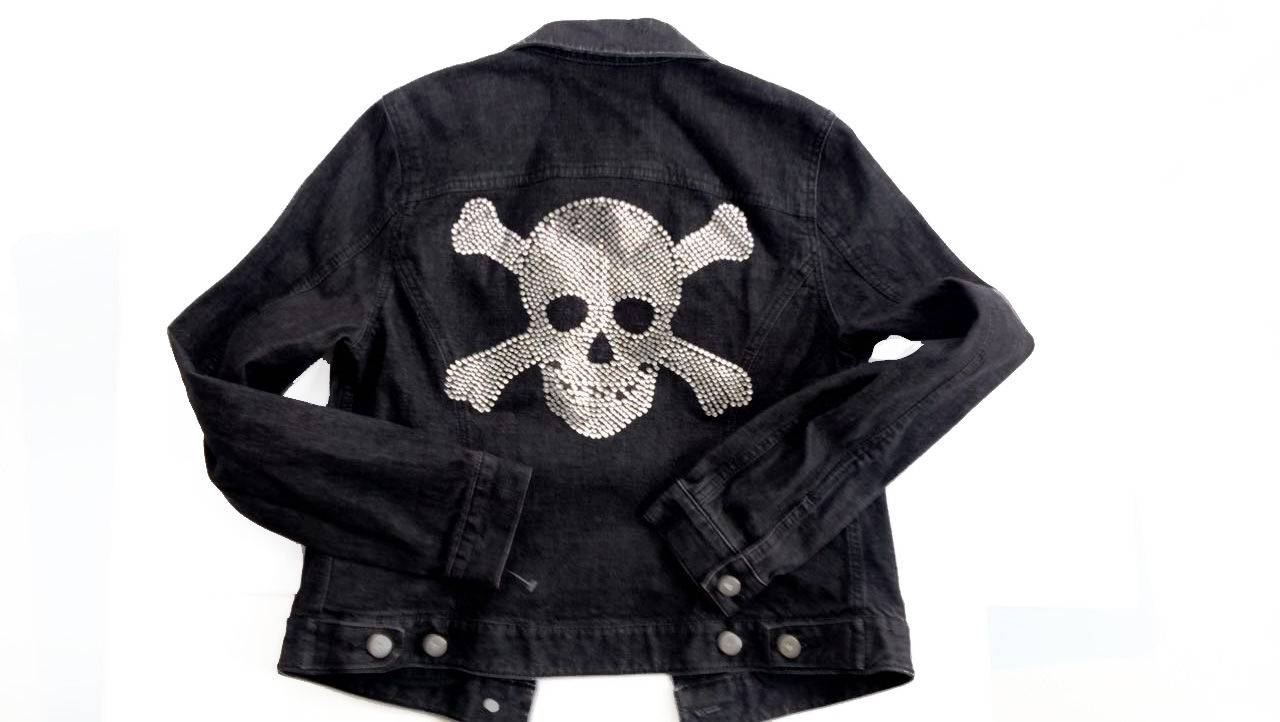 INC Petite Premium Denim Embellished Skull Crossbones Jean Crop Jacket