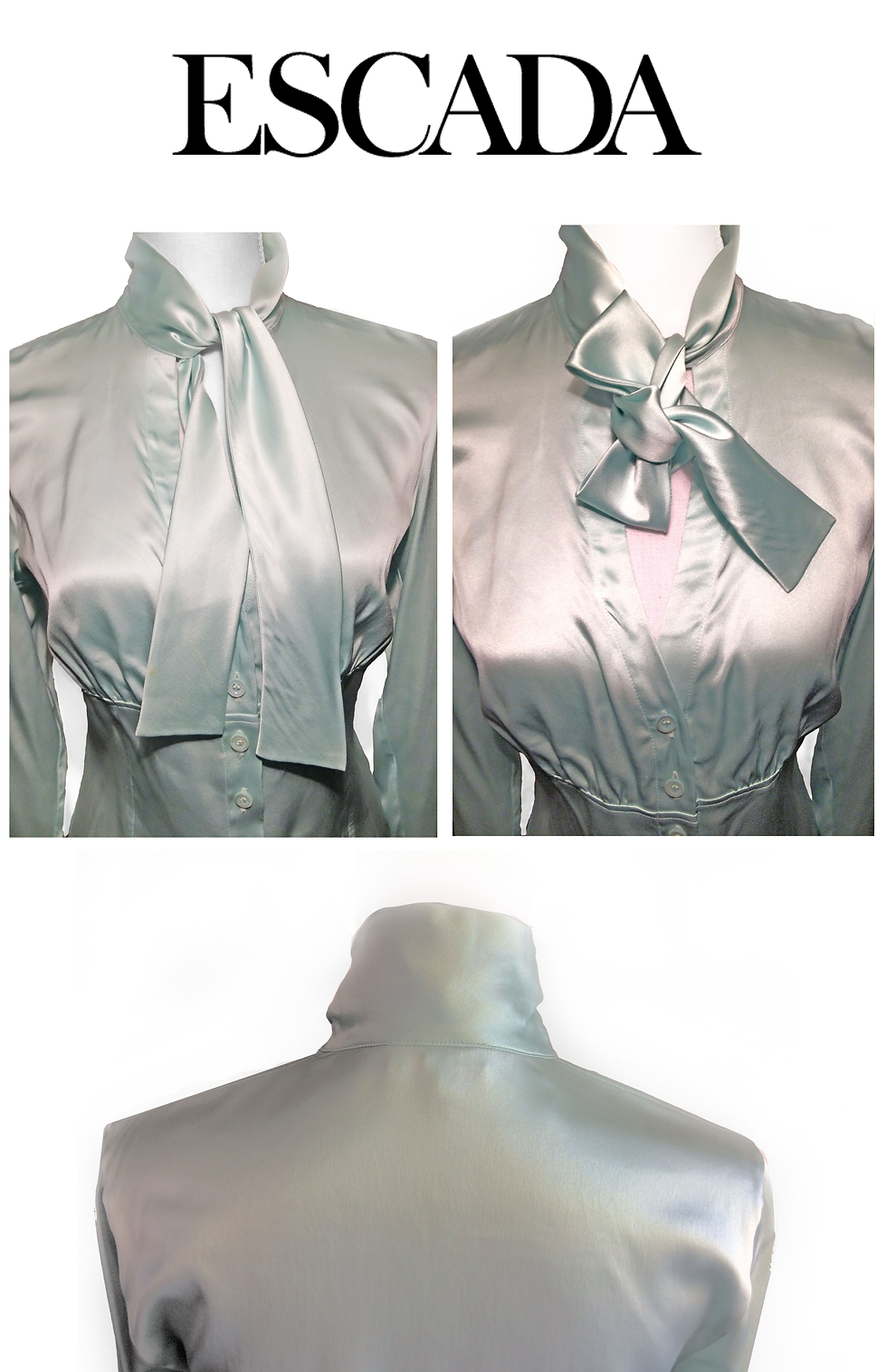 Thumbnail: Vintage ESCADA Silk Fitted Empire Button Ascot Tie Collar Bell Cuff Blouse