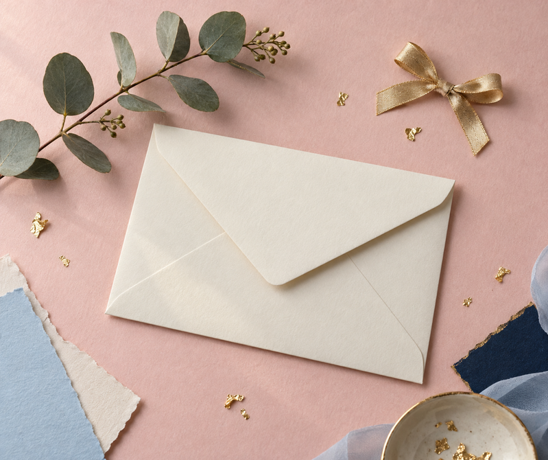 A cream envelope on blush paper with a sprig of eucalyptus, a small gold bow and flecks of gold foil