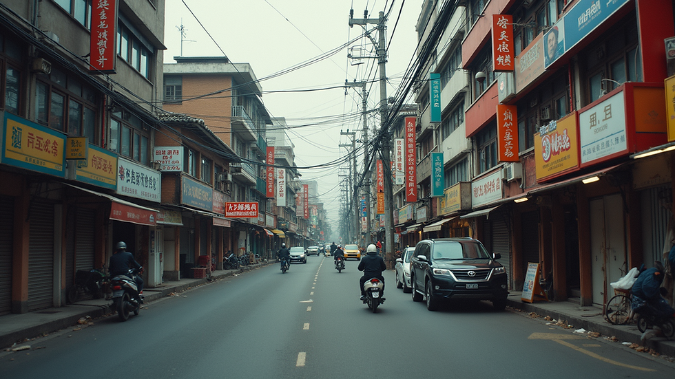 High angle view of a busy local street with various outdoor advertisements