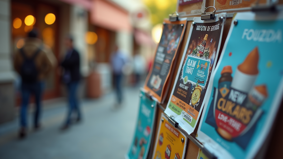 Eye-level view of a flyer stand with colorful promotional flyers