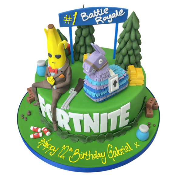 Bespoke Fortnite Peeley cake with vibrant character design, perfect for celebration in Solihull, West Midlands.