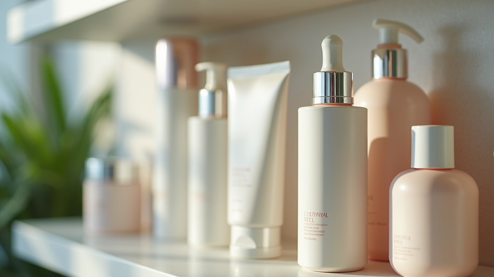 Eye-level view of a skincare shelf displaying various chemical peel bottles and kits