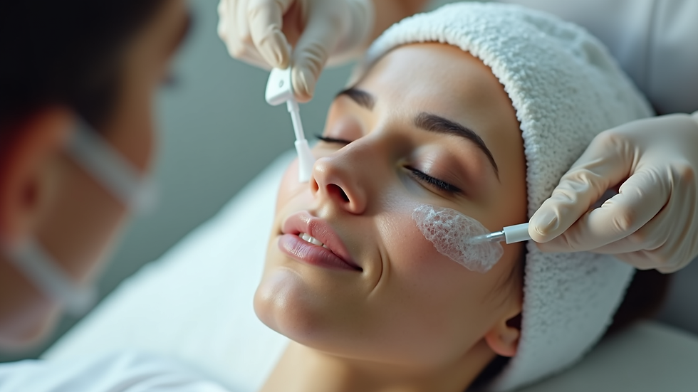 Eye-level view of a skincare professional applying a chemical peel to a patient’s face