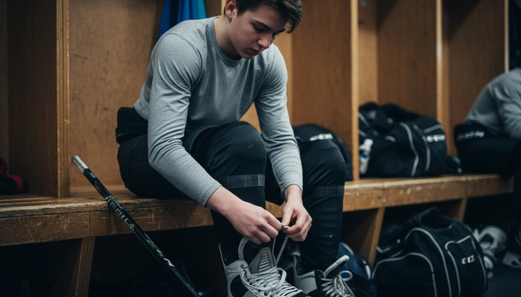 Wide-angle view of a hockey player tying skates on a quiet locker room bench.