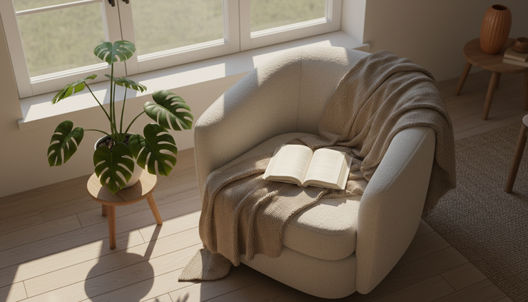 Overhead view of a cozy chair with a blanket and an open book near a sunny window.