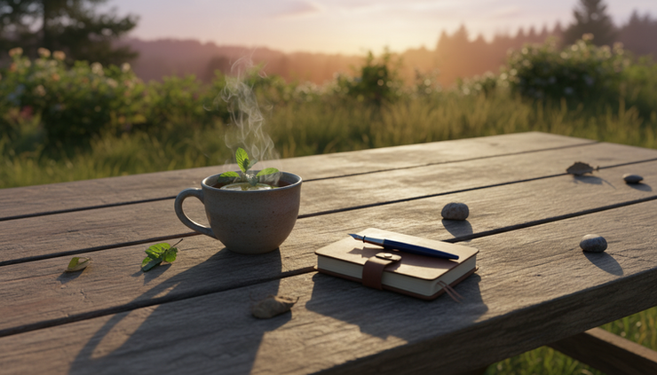 Overhead view of a ceramic cup of tea beside a small notebook on a wooden outdoor table.