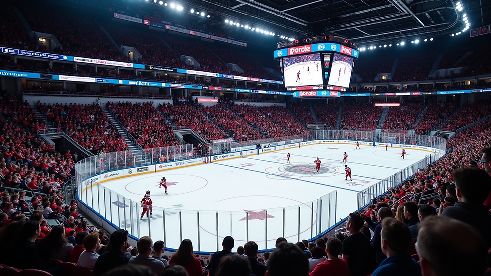 Eye-level view of an ice rink surrounded by cheering fans