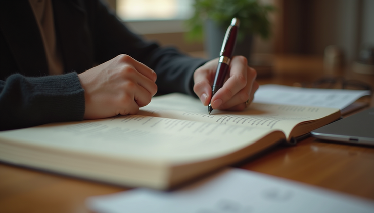 Eye-level view of a person writing in a habit journal on a wooden desk