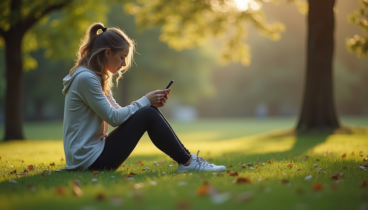 Eye-level view of a person sitting peacefully in a park with a smartphone placed face down beside them