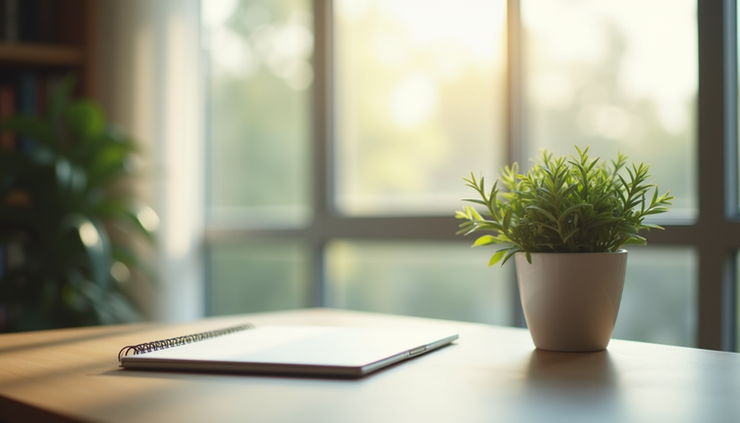 Eye-level view of a serene workspace with natural light and a plant on the desk