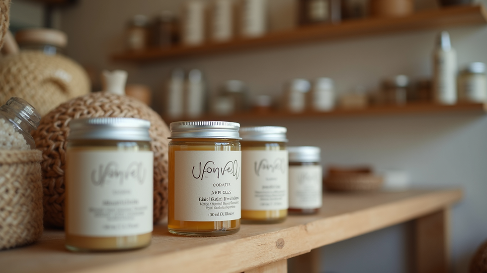 Eye-level view of a small artisan workshop with natural skincare products on display
