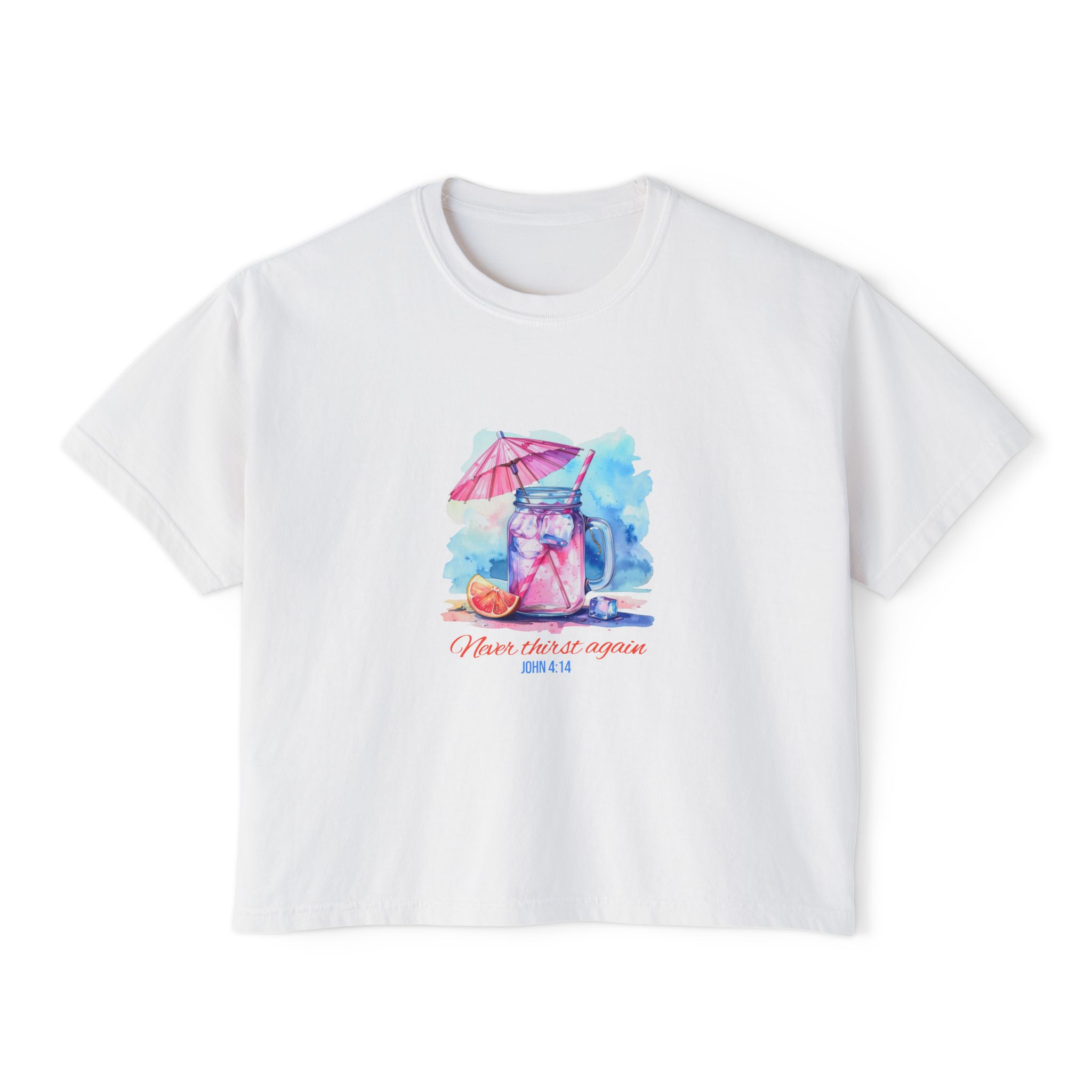 Living Water Women's Boxy Tee — Watercolor Beach Graphic Tee (John 4:14)