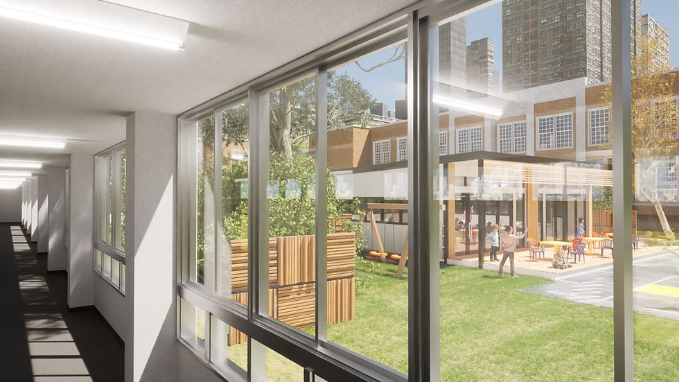 Portable classroom interior with glass walls