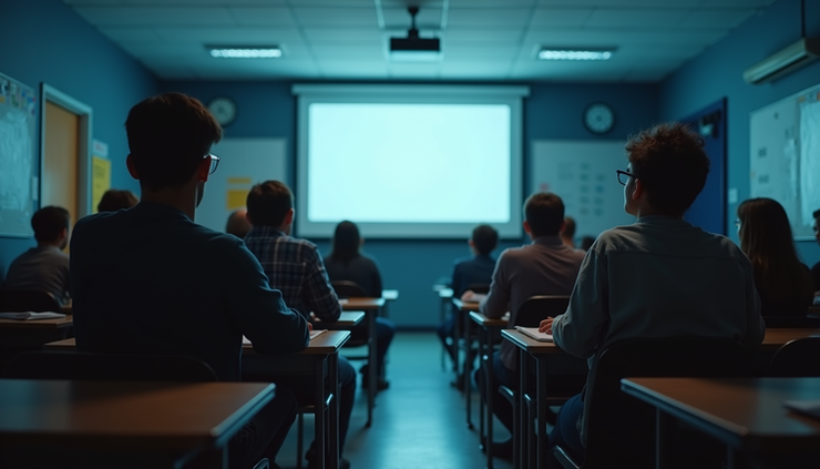 Eye-level view of a high school classroom with students watching a film on a projector