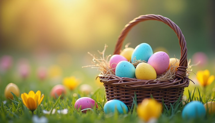 Eye-level view of colorful Easter eggs arranged in a basket with spring flowers
