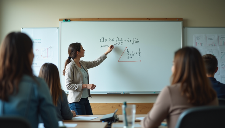 Eye-level view of a teacher demonstrating a math problem on a whiteboard with students watching attentively