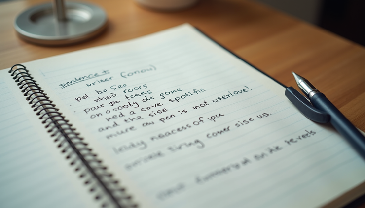Eye-level view of a notebook with handwritten sentences and a pen on a wooden desk