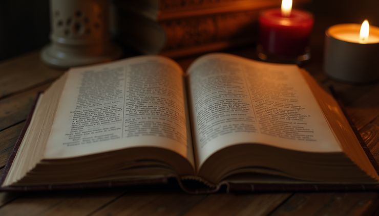 Eye-level view of a worn book lying open on a wooden table with a flickering candle nearby